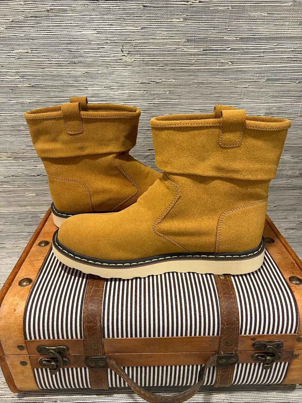 Source Unknown Mustard Suede Fold-Over Mid-Calf Boots
